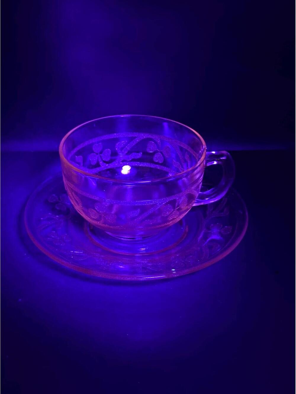 Hazel-Atlas “Cloverleaf” Pink Depression Glass Teacup & Saucer Set - UV Reactive